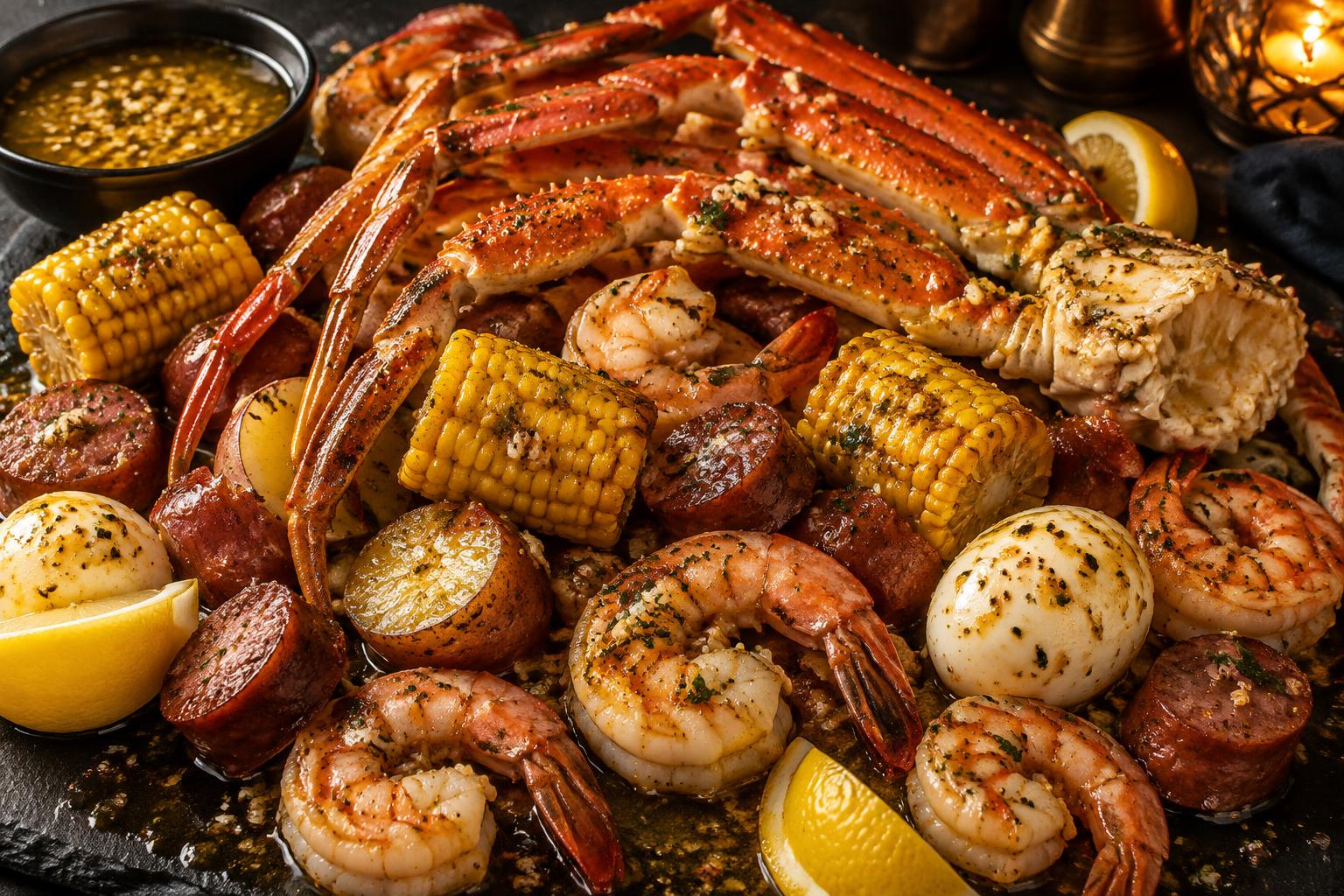 Seafood boil with snow crab, shrimp, corn and sausage in golden butter sauce — sample presentation